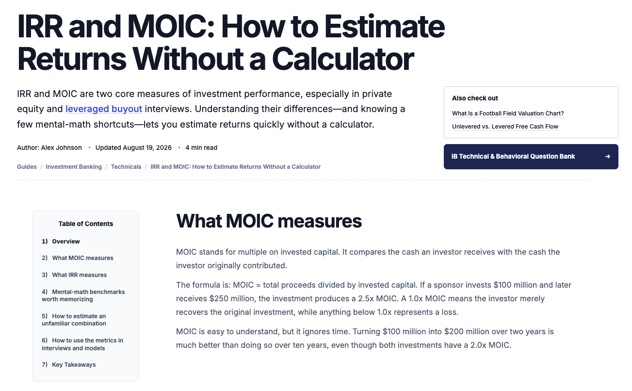 Guide page on estimating IRR and MOIC without a calculator, with a table of contents.