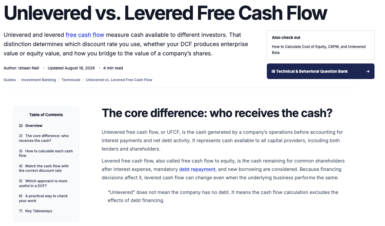 Guide page on unlevered versus levered free cash flow with a table of contents.