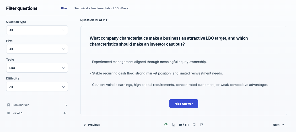 Question bank interface showing an LBO technical question with a written answer and filters for question type, firm, topic, and difficulty.